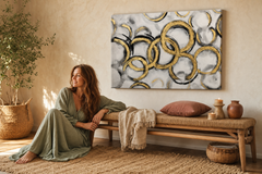 Oslikana slika za zid APSTRAKT 90x60 cm – ručno oslikana slika u elegantnom interijeru (Bohemian warm) | wall mockup | premium platno | Papilora.sk