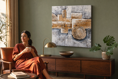 Oslikana slika za zid APSTRAKT 50x50 cm – ručno oslikana slika u elegantnom interijeru (Mid-century warm) | wall mockup | premium platno | Papilora.sk