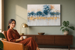 Oslikana slika za zid APSTRAKT 90x60 cm – ručno oslikana slika u elegantnom interijeru (Mid-century warm) | wall mockup | premium platno | Papilora.sk