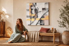 Oslikana slika na zidu ABSTRAKT 60x60 cm – ručno oslikana slika u elegantnom interijeru (Bohemian warm) | wall mockup | premium platno | Papilora.sk