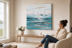 Oslikana slika na zidu BRODIĆI 90x60 cm – ručno oslikana slika u elegantnom interijeru (Scandi cream) | wall mockup | premium canvas | Papilora.sk