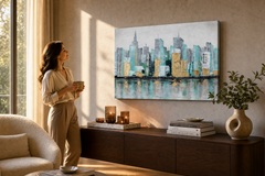 Oslikana slika za zid GRAD 90x60 cm – ručno oslikana slika u elegantnom interijeru (Golden hour luxe) | wall mockup | premium canvas | Papilora.sk