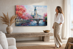 Oslikana slika za zid GRAD 90x60 cm – ručno oslikana slika u elegantnom interijeru (Modern coastal) | wall mockup | premium platno | Papilora.sk