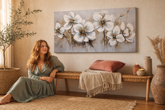 Oslikana slika za zid CVIJEĆE 100x50 cm – ručno oslikana slika u elegantnom interijeru (Bohemian warm) | wall mockup | premium platno | Papilora.sk