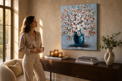 Oslikana slika na zidu CVIJEĆE 60x70 cm – ručno oslikana slika u elegantnom interijeru (Golden hour luxe) | wall mockup | premium canvas | Papilora.sk
