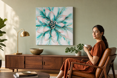Oslikana slika za zid CVIJEĆE 70x70 cm – ručno oslikana slika u elegantnom interijeru (Mid-century warm) | wall mockup | premium platno | Papilora.sk
