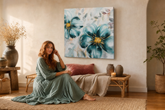 Oslikana slika za zid CVIJEĆE 70x70 cm – ručno oslikana slika u elegantnom interijeru (Bohemian warm) | wall mockup | premium platno | Papilora.sk