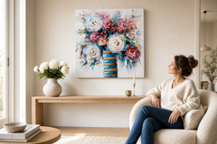 Oslikana slika za zid CVIJEĆE 70x70 cm – ručno oslikana slika u elegantnom interijeru (Scandi cream) | wall mockup | premium platno | Papilora.sk