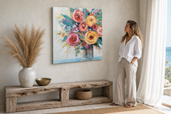 Oslikana slika za zid CVIJEĆE 80x80 cm – ručno oslikana slika u elegantnom interijeru (Modern coastal) | wall mockup | premium canvas | Papilora.sk