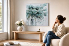 Oslikana slika na zidu CVIJEĆE U VAZI 70x70 cm – ručno oslikana slika u elegantnom interijeru (Scandi cream) | wall mockup | premium platno | Papilora.sk