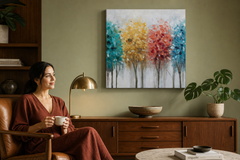 Oslikana slika na zidu STABLA 60x60 cm – ručno oslikana slika u elegantnom interijeru (Mid-century warm) | wall mockup | premium canvas | Papilora.sk