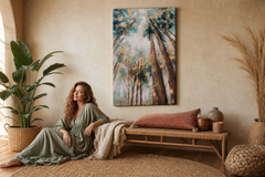 Oslikana slika za zid DRVEĆE 60x90 cm – ručno oslikana slika u elegantnom interijeru (Bohemian warm) | wall mockup | premium platno | Papilora.sk