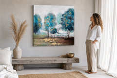 Oslikana slika na zidu DRVEĆE 60x60 cm – ručno oslikana slika u elegantnom interijeru (Modern coastal) | wall mockup | premium canvas | Papilora.sk