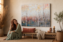 Oslikana slika na zidu STABLA 100x80 cm – ručno oslikana slika u elegantnom interijeru (Bohemian warm) | wall mockup | premium canvas | Papilora.sk
