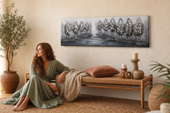 Oslikana slika na zidu DRVEĆE 150x50 cm – ručno oslikana slika u elegantnom interijeru (Bohemian warm) | wall mockup | premium canvas | Papilora.sk