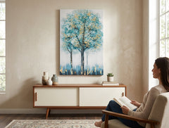 Oslikana slika za zid DRVEĆE 80x120 cm – ručno oslikana slika u elegantnom interijeru (Scandi neutral) | wall mockup | premium canvas | Papilora.sk