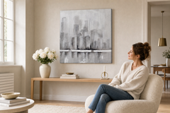 Oslikana slika za zid GRAD 75x75 cm – ručno oslikana slika u elegantnom interijeru (Scandi cream) | wall mockup | premium canvas | Papilora.sk