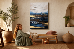 Oslikana slika na zidu KRAJOLIK 60x90 cm – ručno oslikana slika u elegantnom interijeru (Bohemian warm) | wall mockup | premium canvas | Papilora.sk