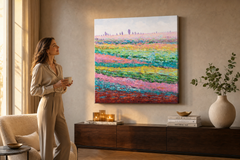 Oslikana slika za zid KRAJOLIK 70x70 cm – ručno oslikana slika u elegantnom interijeru (Golden hour luxe) | wall mockup | premium platno | Papilora.sk