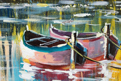 Ručno oslikana slika na platnu s motivom šareno jezero s čamcima i drvećem – dodatni prikaz s vidljivom teksturom i kompozicijom, Papilora.