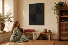 Oslikana slika za zid LIST 60x90 cm – ručno oslikana slika u elegantnom interijeru (Bohemian warm) | wall mockup | premium platno | Papilora.sk