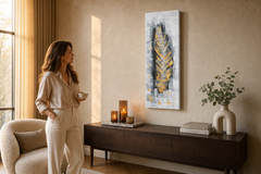 Oslikana slika za zid LIST 40x120 cm – ručno oslikana slika u elegantnom interijeru (Golden hour luxe) | wall mockup | premium platno | Papilora.sk