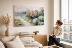 Oslikana slika za zid LIVADA 90x60 cm – ručno oslikana slika u elegantnom interijeru (Window reading) | wall mockup | premium platno | Papilora.sk