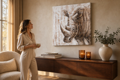 Oslikana slika na zidu NOSOROG 70x70 cm – ručno oslikana slika u elegantnom interijeru (Golden hour luxe) | wall mockup | premium canvas | Papilora.sk