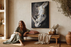 Oslikana slika za zid NOSOROG 80x120 cm – ručno oslikana slika u elegantnom interijeru (Bohemian warm) | wall mockup | premium platno | Papilora.sk