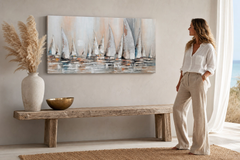 Oslikana slika za zid JEDRENJACI 140x70 cm – ručno oslikana slika u elegantnom interijeru (Modern coastal) | wall mockup | premium platno | Papilora.sk
