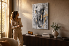 Oslikana slika na zidu SLON 40x60 cm – ručno oslikana slika u elegantnom interijeru (Golden hour luxe) | wall mockup | premium canvas | Papilora.sk