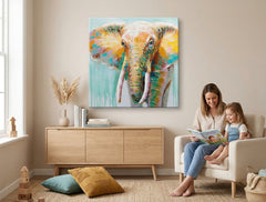 Slikana slika na zidu SLON 70x70 cm – ručno slikana slika u elegantnom interijeru (Scandi neutral) | wall mockup | premium canvas | Papilora.sk