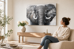 Oslikana slika za zid SLON 100x70 cm – ručno oslikana slika u elegantnom interijeru (Scandi cream) | wall mockup | premium platno | Papilora.sk