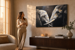 Oslikana slika na zidu SLONOVI 120x80 cm – ručno oslikana slika u elegantnom interijeru (Golden hour luxe) | wall mockup | premium canvas | Papilora.sk