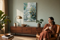 Oslikana slika na zidu LIŠĆE 60x90 cm – ručno oslikana slika u elegantnom interijeru (Mid-century warm) | wall mockup | premium canvas | Papilora.sk