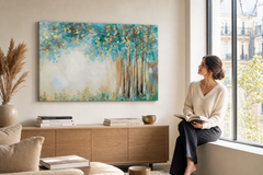 Oslikana slika na zidu STABLO 90x60 cm – ručno oslikana slika u elegantnom interijeru (Window reading) | wall mockup | premium canvas | Papilora.sk
