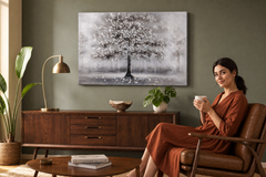 Oslikana slika za zid DRVO 90x60 cm – ručno oslikana slika u elegantnom interijeru (Mid-century warm) | wall mockup | premium platno | Papilora.sk