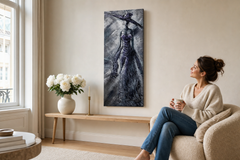 Oslikana slika na zidu ŽENA 50x120 cm – ručno oslikana slika u elegantnom interijeru (Scandi cream) | wall mockup | premium platno | Papilora.sk