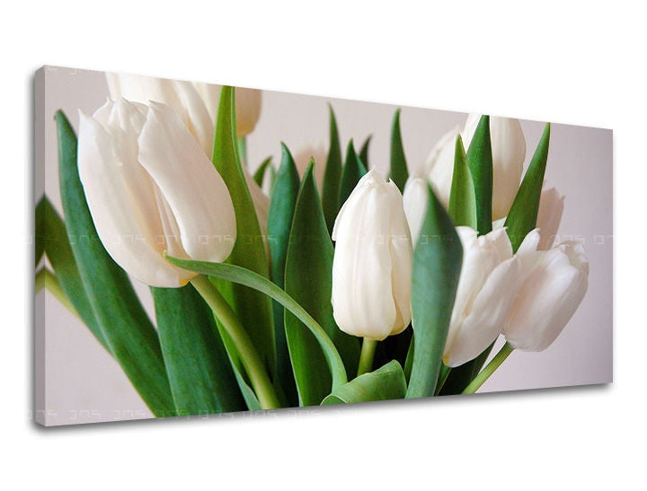Slika na platnu s motivom buket bijelih tulipana – 3D prikaz platna s vidljivim drvenim okvirom, Papilora.