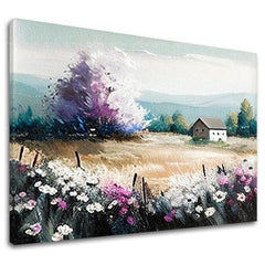 Slika na platnu s motivom polje cvijeća i kuća – 3D prikaz platna s vidljivim drvenim okvirom, Papilora.