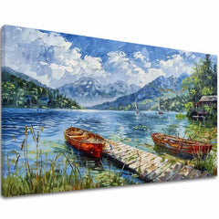 Ručno oslikana premium slika na platnu sa zlatnim akcentima s motivom planinski krajolik s jezerom i čamcima – 3D prikaz platna s vidljivim drvenim okvirom, Papilora.