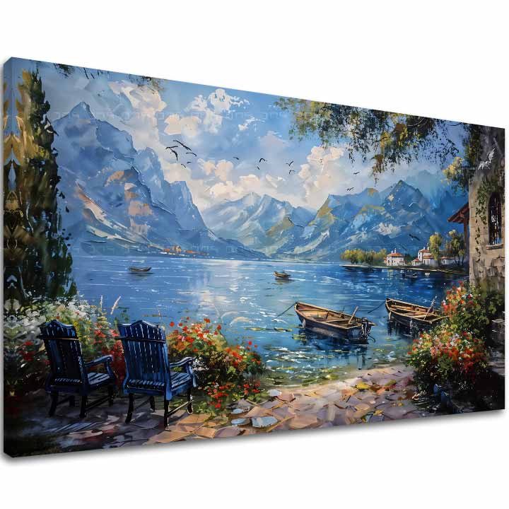 Ručno oslikana premium slika na platnu sa zlatnim akcentima s motivom planinski krajolik s jezerom i čamcima – 3D prikaz platna s vidljivim drvenim okvirom, Papilora.