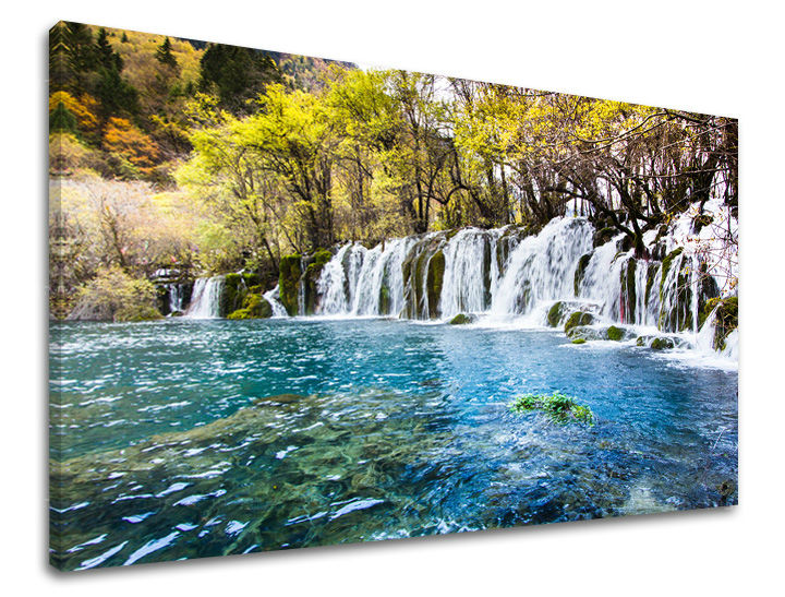 Slika na platnu s motivom vodopadi i tirkizno jezero – 3D prikaz platna s vidljivim drvenim okvirom, Papilora.