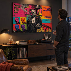 Interijer muškog ureda s pop art slikom Kum, prikazuje luksuznu atmosferu s detaljima filma.