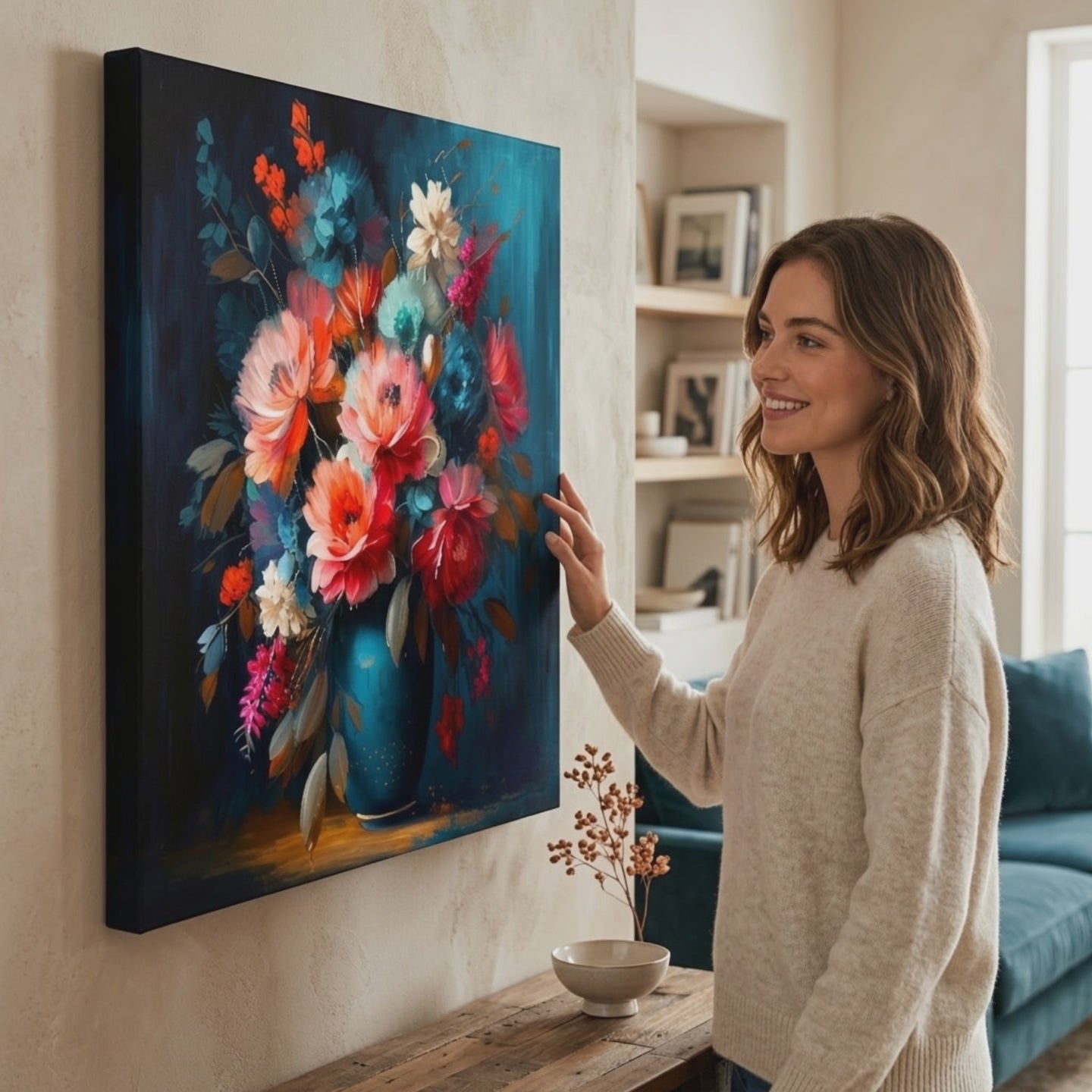 Dizajnerski ukras na platnu Cvjetanje u bojama ljubavi 60x60 cm. Moderni zidni dekor, slika na platnu za dnevni boravak, žena promatra djelo u stilskom svijetlom interijeru. Papilora (XOBMDFL003E1).