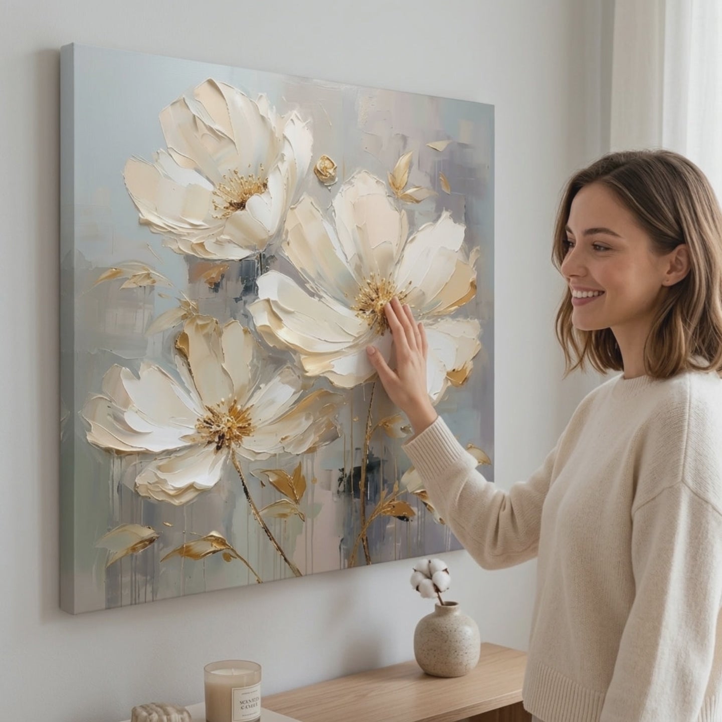 Cvjetni svijet na platnu Užitak za vaša osjetila 60x60 cm. Moderni zidni dekor, slika na platnu za dnevni boravak, žena promatra djelo u stilskom svijetlom interijeru. Papilora (XOBMDFL022E1).