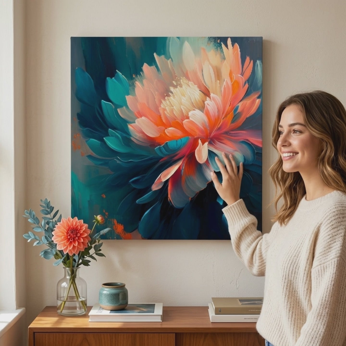 Dizajnerski ukras na platnu Šarene cvjetne impresije 60x60 cm. Moderni zidni dekor, slika na platnu za dnevni boravak, žena promatra djelo u stilskom svijetlom interijeru. Papilora (XOBMDFL002E1).