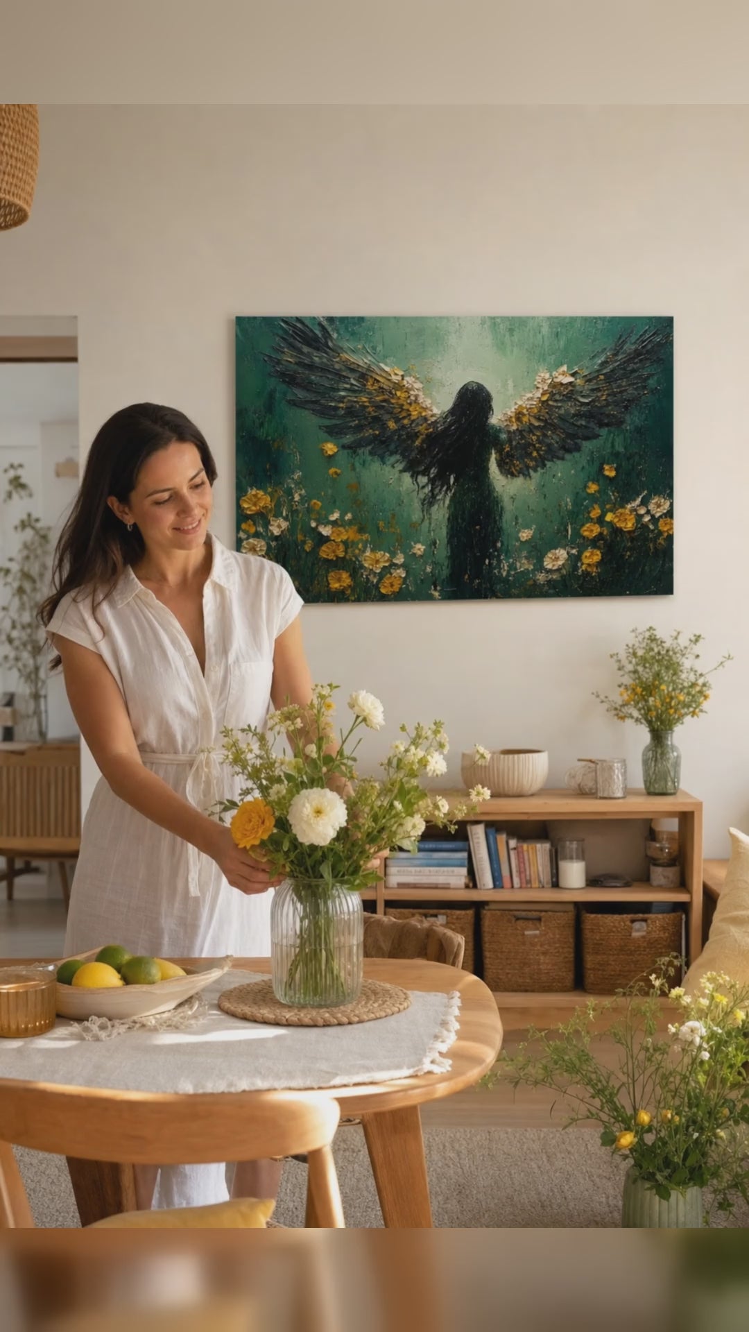 Slike anđela Svjetlo nade – dovršeno rukom umjetnika. Premium slika s akrilnim detaljima, moderni zidni dekor za dnevni boravak, žena promatra djelo u stilskom svijetlom interijeru. Papilora Premium Art (XOGMDPA162E1).