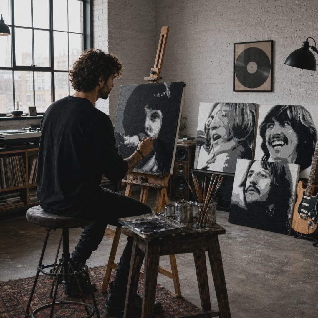 Ručno oslikana POP Art slika Bob Marley 1 dio bm – video prikaz procesa ručnog oslikavanja. Dominantne boje: crna, smeđa, bijela, zlatna.