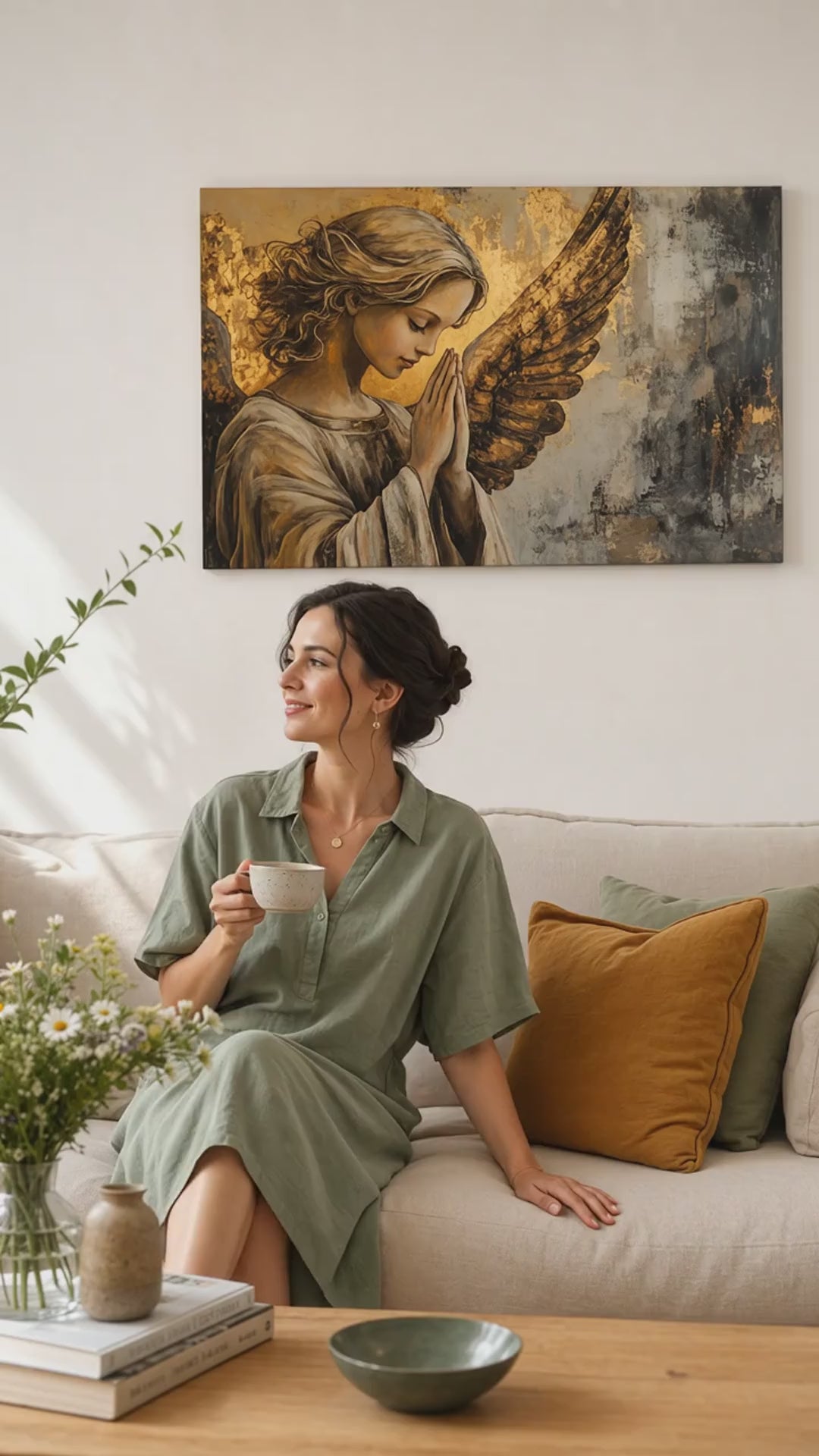 Slike anđela Molitva svjetla – dovršeno rukom umjetnika. Premium slika s akrilnim detaljima, moderni zidni dekor za dnevni boravak, žena promatra djelo u stilskom svijetlom interijeru. Papilora Premium Art (XOGMDPA154E1).